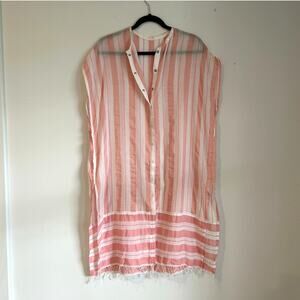 NWOT Lemlem Pink & White Striped Caftan – One Size, Snap Front, Fringe Hem